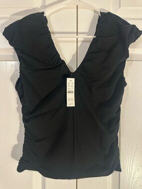 J. Crew Black V-Neck Ruffle-Shoulder Top